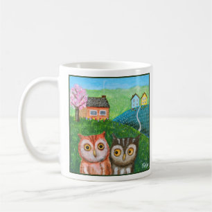 Lustige süße Eulen Volkskunst ländliche Landschaft Kaffeetasse