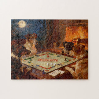 Lustige süße Hunde spielen ein Brettspiel