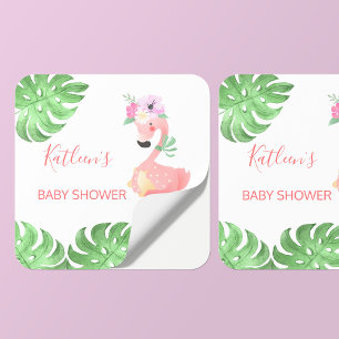 Lustige süße rosa Flamingo-Baby-Party Quadratischer Aufkleber
