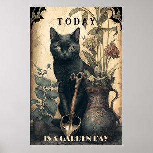 Lustige süße schwarze Katze im Garten Poster