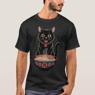 Lustige süße schwarze Katze Ramen japanische Kunst T-Shirt