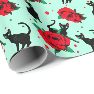 Lustige süße schwarze Katzen rote Rosen Muster Geschenkpapier