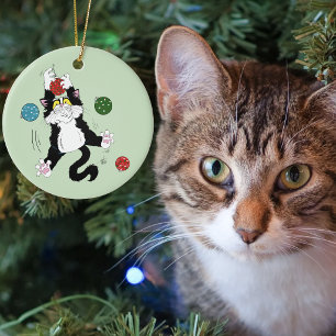 Lustige süße schwarze weiße Smokingkatze Feiertag Keramik Ornament