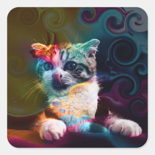 LUSTIGE TRENDIGE BUNTE KATZENKUNST QUADRATISCHER AUFKLEBER