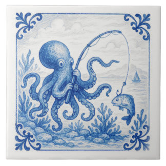 Lustige tropische Kachel im Delft-Stil Oktopus