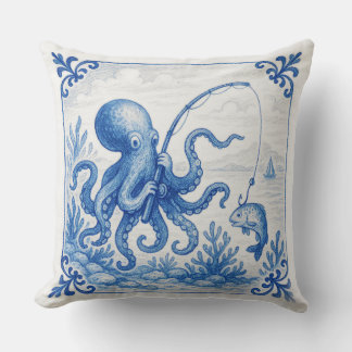 Lustige tropische Kachel im Delft-Stil Oktopus Kissen
