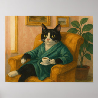 Lustige Tuxedo-Katze im Bademantel beim Kaffeetrin Poster