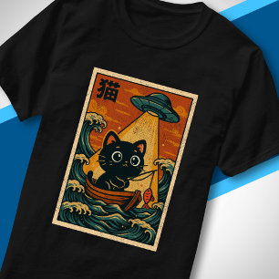 Lustige UFO-Retro-Japanische-Wellen-Kunst Süße Kat T-Shirt