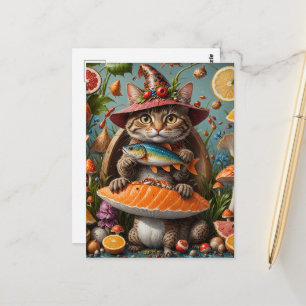 Lustige Vampirkatze mit einem Fisch auf einem Pilz Postkarte
