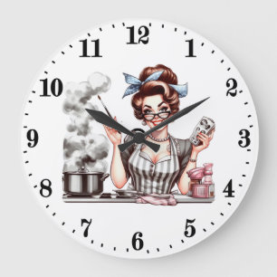 Lustige Vintage-Kochdame Große Wanduhr