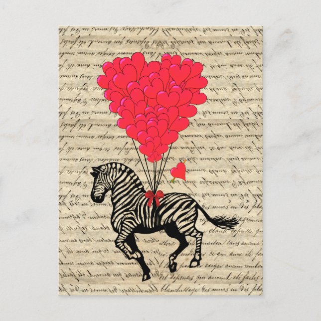 Lustige Vintage Zebra- u. Herzballone Postkarte (Vorderseite)