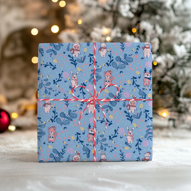 Lustige Waldtiere  Blaues Winterwaldmuster Geschenkpapier (Von Creator hochgeladen)