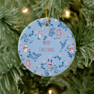 Lustige Waldtiere Blaues Winterwaldmuster Keramik Ornament