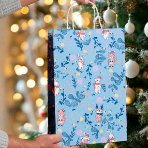 Lustige Waldtiere Blaues Winterwaldmuster Mittlere Geschenktüte