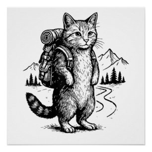 Lustige Wandernde Katze Rucksacktouristen & Tierli Poster
