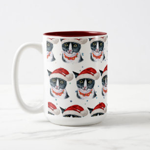 Lustige Weihnachten Schwarz-Weiß-Katze Aquarell Zweifarbige Tasse