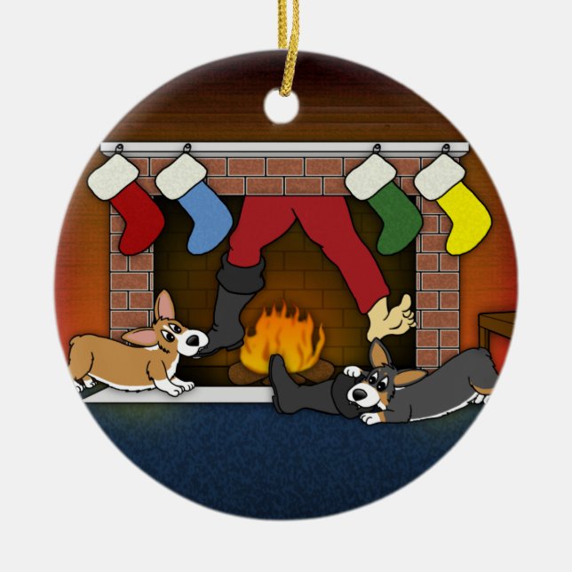 Lustige Weihnachtskamincorgis-Verzierung Keramikornament (Vorne)