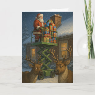 Lustige Weihnachtskarte Santa auf Scherenhubbühne  Karte