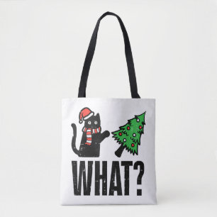 Lustige Weihnachtskatze kippt Weihnachtsbaum Tasche