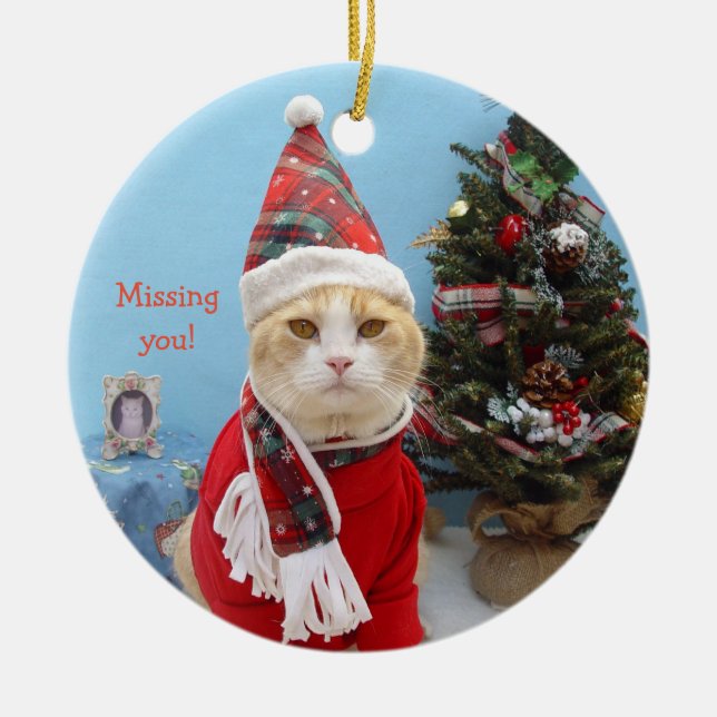 Lustige Weihnachtskatze "vermisst Sie! " Keramik Ornament (Vorne)