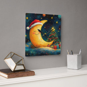 Lustige Weihnachtsmond-Galaxie-Feier Quadratische Wanduhr