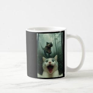 Lustige weiße Katze Selfie mit T-Rex Dinosaurier,  Kaffeetasse