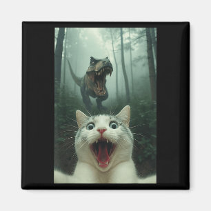 Lustige weiße Katze Selfie mit T-Rex Dinosaurier, Magnet