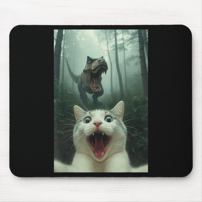 Lustige weiße Katze Selfie mit T-Rex Dinosaurier,  Mousepad (Vorne)