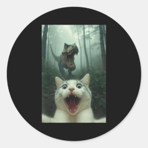 Lustige weiße Katze Selfie mit T-Rex Dinosaurier,  Runder Aufkleber