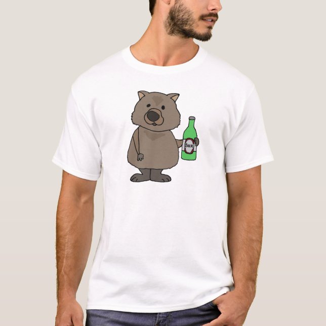 Lustige Wombat trinkende Flasche des Bier-Cartoon T-Shirt (Vorderseite)
