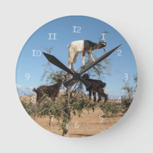 Lustige Ziegen in einem Baum Runde Wanduhr
