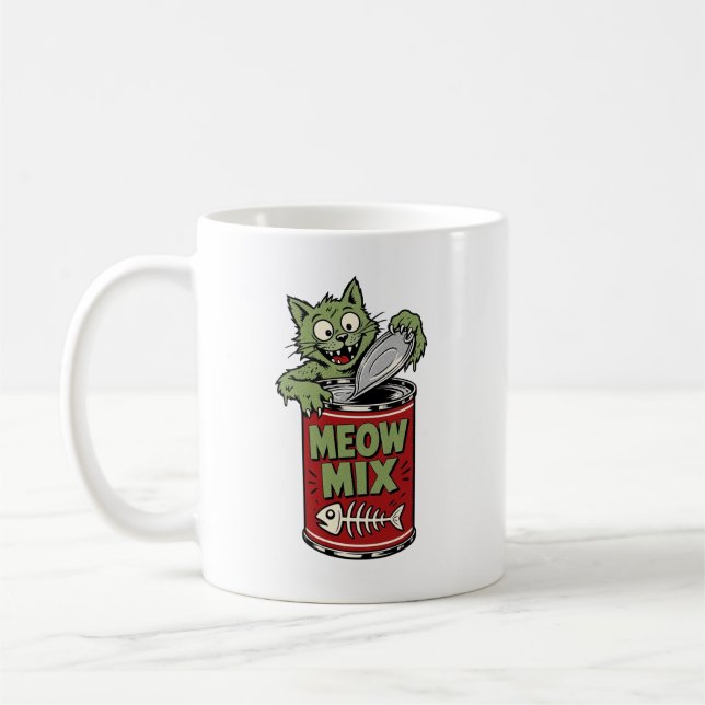 Lustige Zombie-Katze öffnet Blechdose Kaffeetasse (Links)