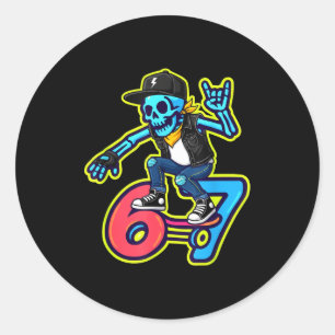 Lustiger 67 Skelett Skater Meme Retro Skateboardin Runder Aufkleber