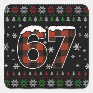 Lustiger „67“ Weihnachts-Meme – Rot und Grün Karie Quadratischer Aufkleber