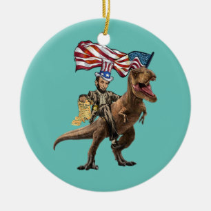 Lustiger Abe Lincoln mit Dinosaurier T Rex Amerika Keramik Ornament
