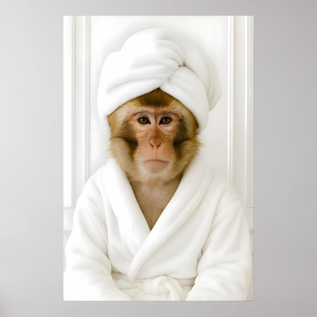 Lustiger Affen-Badezimmer-Druck, Affe im Bademante Poster (Vorne)