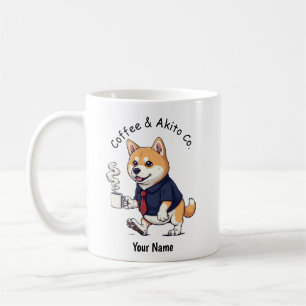 Lustiger Akita-Hund im Geschäftsanzug Kaffee Kaffeetasse