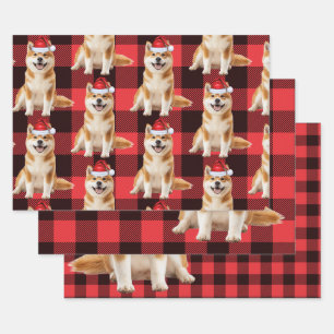 Lustiger Akita Weihnachtshund Buffalo Karo Geschenkpapier Set