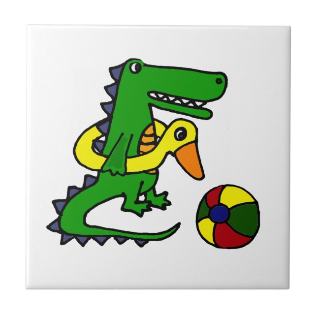 Lustiger Alligator am Strand Cartoon Fliese (Vorderseite)
