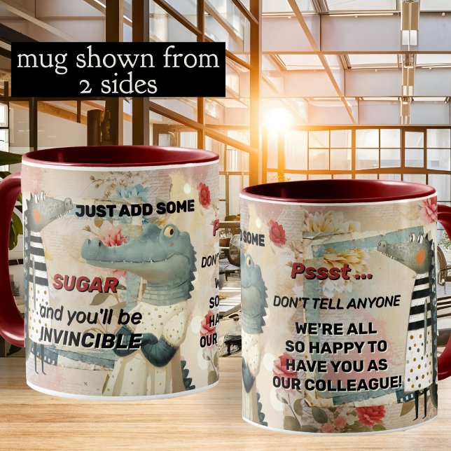 Lustiger Alligator-Kollegen-Dank Kaffeetasse (Funny office humor boho chic whimsical coffee mug with a collage design with alligators/crocodiles)