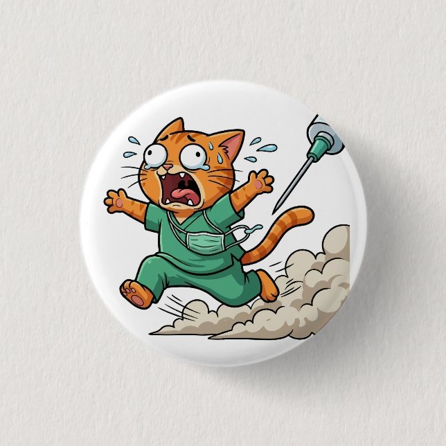 Lustiger Arztkatze läuft mit Spritze Knopf Button (Vorderseite)