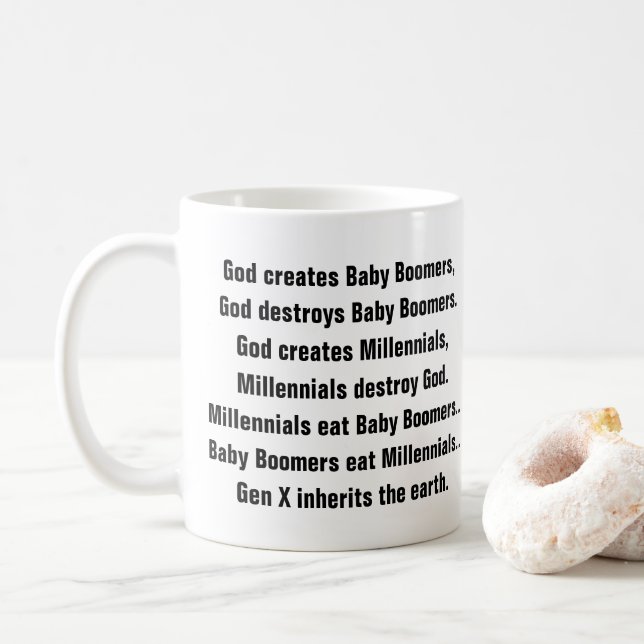 Lustiger Babyboomer-tausendjähriger Witz der Kaffeetasse (Mit Donut)