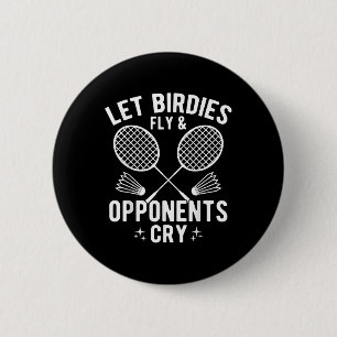 Lustiger Badminton-Spieler lässt Birdies fliegen & Button