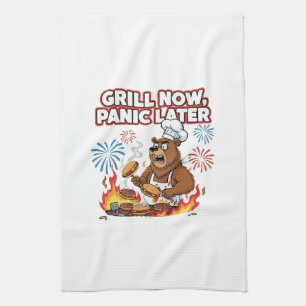 Lustiger BBQ-Bär Grill jetzt, Panik später Feuerwe Geschirrtuch