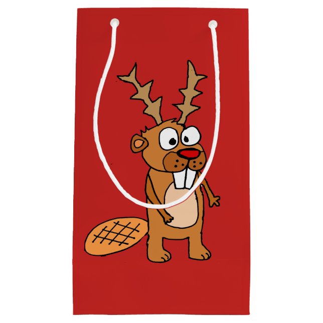 Lustiger Biber mit Ren-Geweih-Weihnachtskunst Kleine Geschenktüte (Vorderseite)