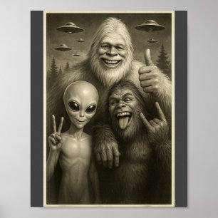 Lustiger Bigfoot, Alien und Yeti Sasquatch Rockt Poster