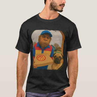 Lustiger Bigfoot-Pizza-Liefer-Pug-Tür-Kamera Hallo T-Shirt