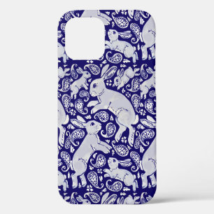 Lustiger blauer Hase Paisley-Blumenmuster Delft De iPhone 12 Hülle