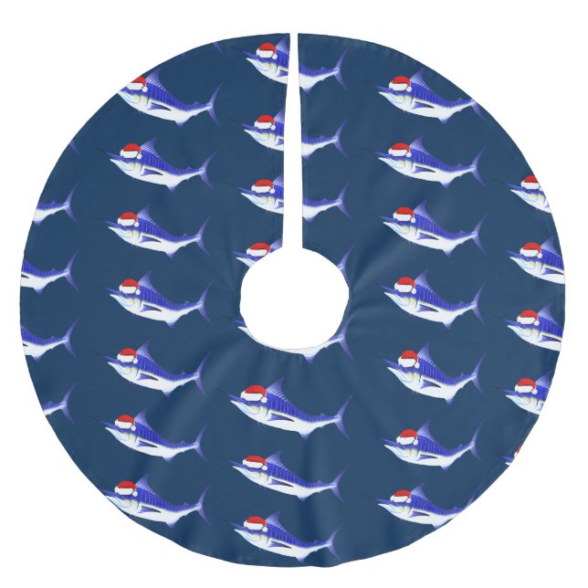 Lustiger blauer Speerfisch Weihnachtsmann Polyester Weihnachtsbaumdecke (Vorderseite)
