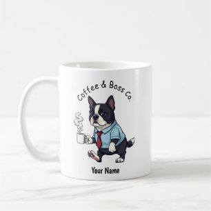 Lustiger Boston-Terrier-Hund im Geschäftsanzug Kaf Kaffeetasse